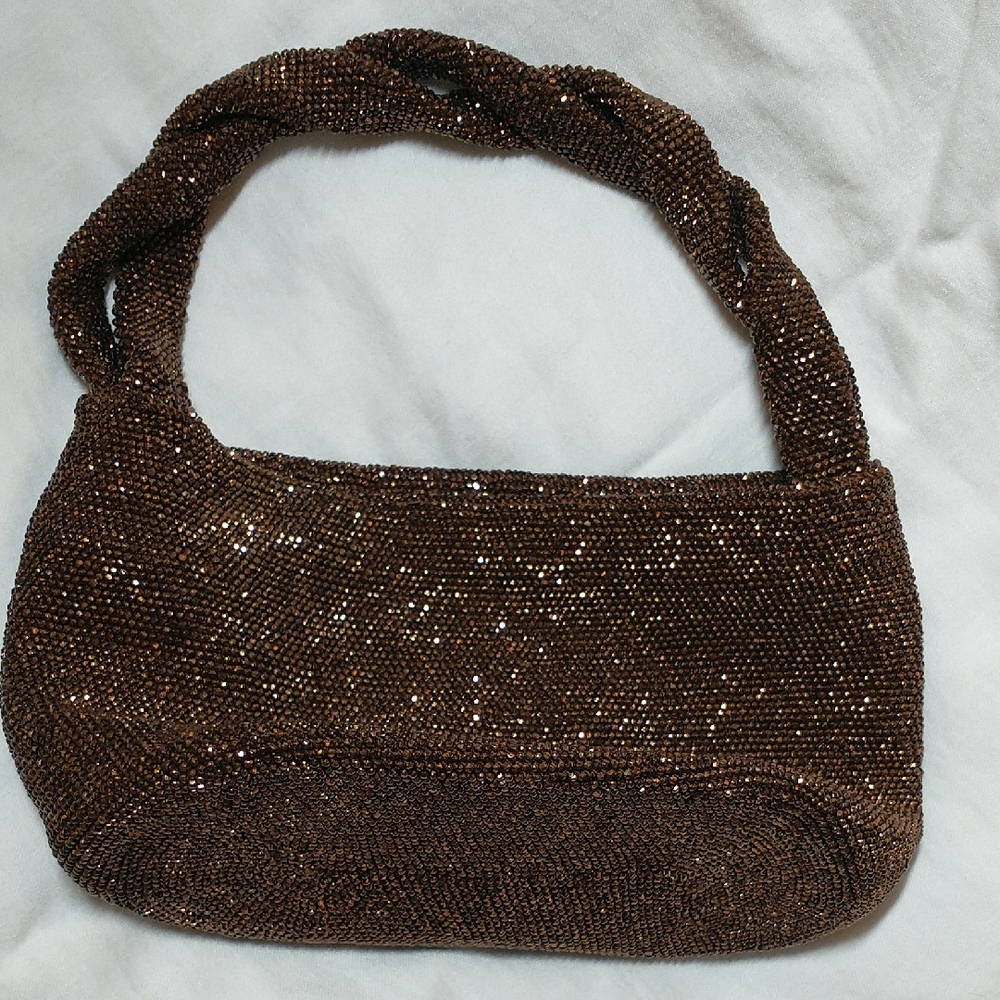 Dark Gold Antique Beaded Purse Shiny Metallic Sead Beads Woven Handle Hand Bag